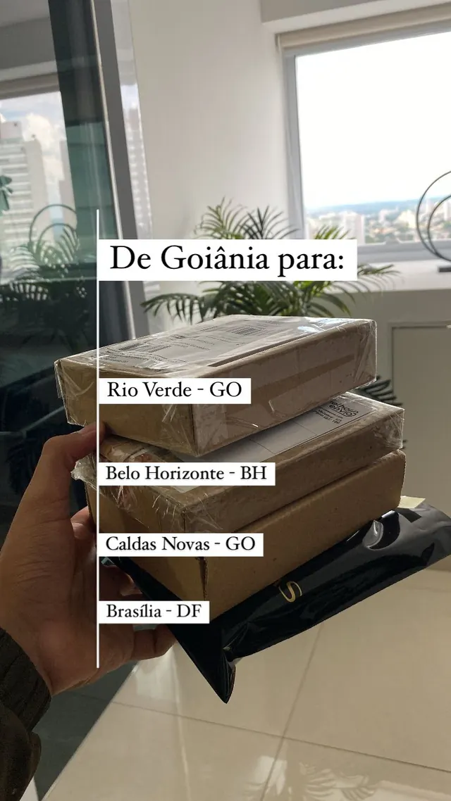 Caixas de envio da Ativa Joias com os destinos Rio Verde, Belo Horizonte, Caldas Novas e Brasília